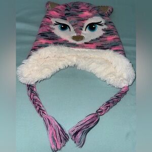 Girls Pink Multi Colored Gold Glittery Fox Beanie